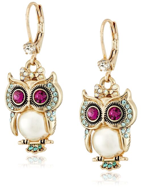 Betsey Johnson Pearl Critters Owl Drop Earrings One Size