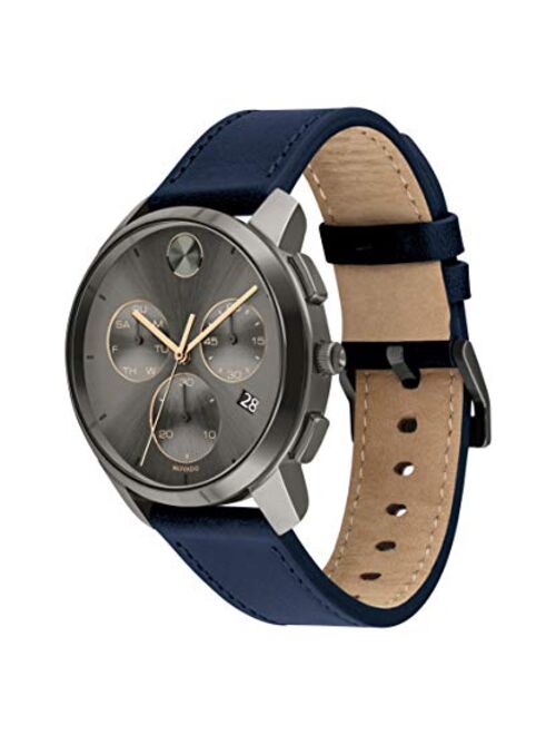 Movado Men's Stainless Steel Swiss Quartz Watch with Leather Strap, Navy, 21 (Model: 3600720)