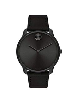 Men's Bold Thin Stainless Steel Swiss Quartz Watch with Leather Strap, Black, 21 (Model: 3600587)