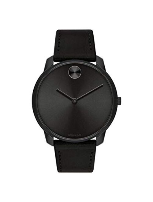 Movado Men's Bold Thin Stainless Steel Swiss Quartz Watch with Leather Strap, Black, 21 (Model: 3600587)