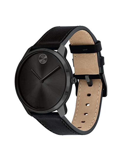 Movado Men's Bold Thin Stainless Steel Swiss Quartz Watch with Leather Strap, Black, 21 (Model: 3600587)