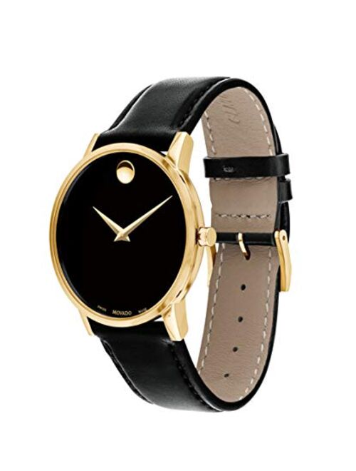Movado Men's Museum Yellow Gold Watch with Concave Dot Museum Dial, Gold/Black Strap 40 mm (Model 607271)