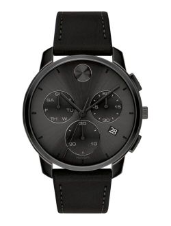 Men's Swiss Chronograph Bold Black Leather Strap Watch 42mm