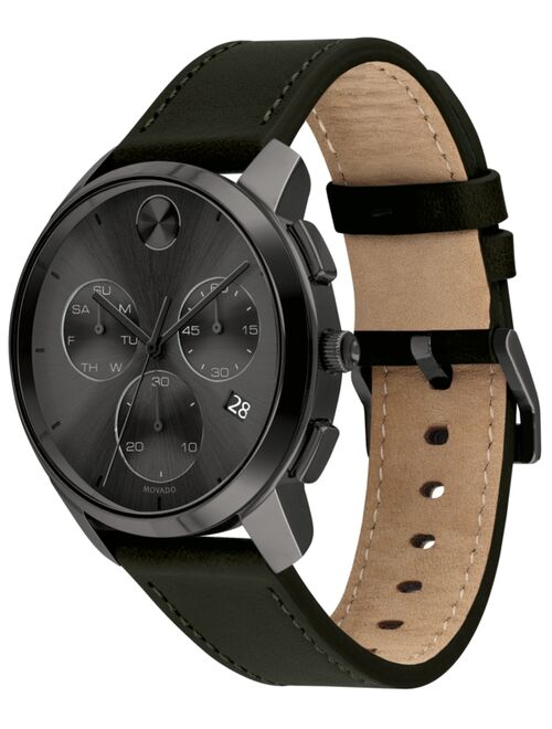 Movado Men's Swiss Chronograph Bold Black Leather Strap Watch 42mm