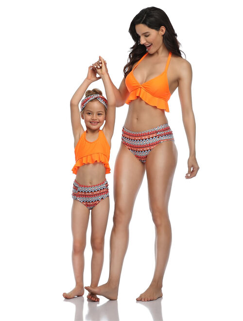 CVLIFE Family Matching Swimwear Mother Daughter Women Kids Girl Bikini Set Beachwear Bathing Suit Swimsuit Push Up Padded, Without Underwire, Ruffle, Lace Up