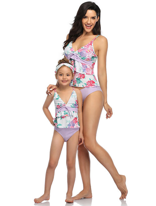 UKAP Family Matching Swimsuit Floral Swimwear Mother Daughter Women Kids Girl Two Piece Tankini Set Beachwear Bathing Suit Swimsuits Swimming Costumes Bathing Suit Push U
