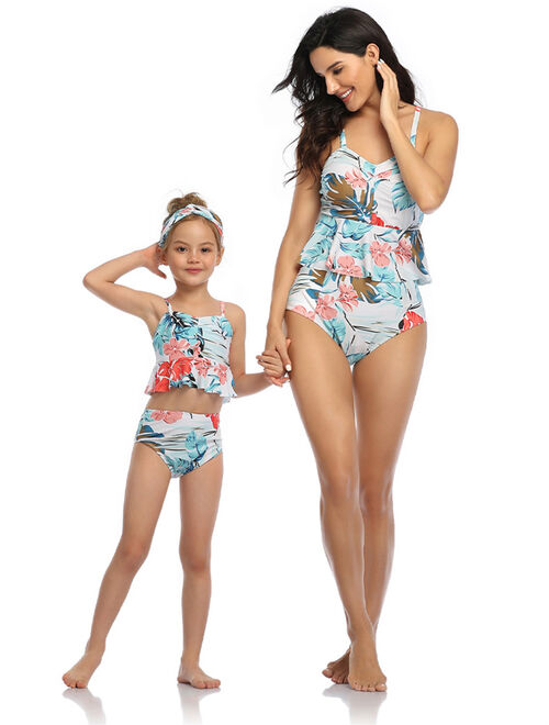 Avamo Mother Daughter Family Matching Swimsuits Tankini Sets Swimwear Beachwear Women Kids Girl Floral Two Piece Beachwear Parent-Child Bathing Suit Push-Up Bra Swimming 