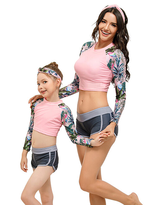 S-XXL Family Matching Swimsuits Mother Daughter Swimwear Parent-child Women Kids Girls 2pcs Tankini Set Push Up Beachwear Long Sleeve