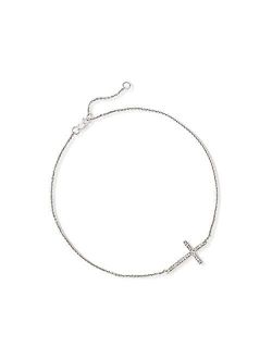 14kt White Gold Sideways Cross Anklet With Diamond Accents. 9 inches