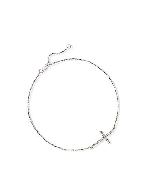 Ross-Simons 14kt White Gold Sideways Cross Anklet With Diamond Accents. 9 inches