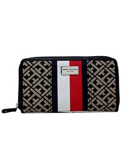 Women's Logo Red & White Stripe Zip Around Wallet Bag Clutch Bag