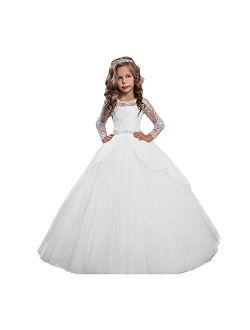 Vintage Flower Girls First Communion Dresses with Lace Sleeves Long Pageant Ball Gown