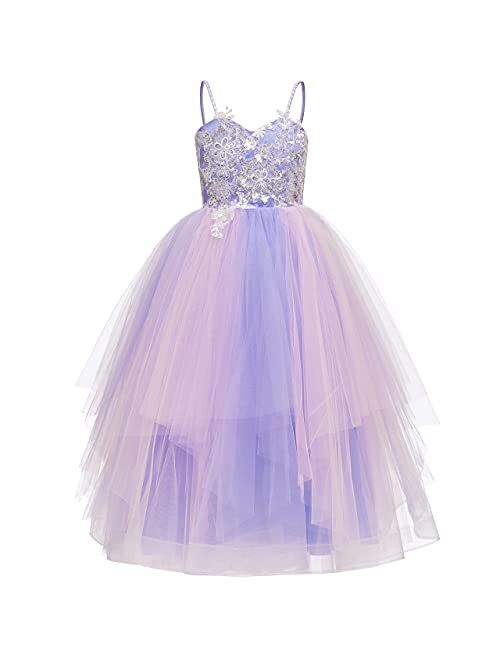 Flower Girls Dress Lace Tulle Spaghetti Straps Rainbow Birthday Princess Party Ball Gowns