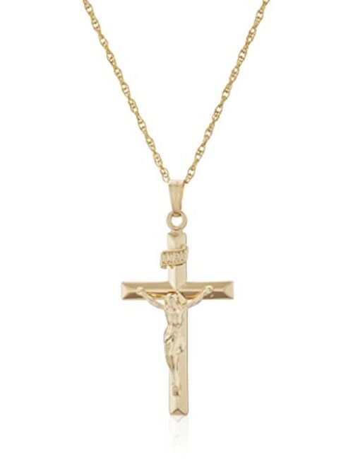 Men's 14k Gold Filled Solid Beveled Edge Embossed Crucifix Cross with Gold Plated Stainless Steel Chain Pendant Necklace, 18"