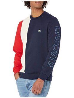 Men's Long Sleeve Thick Stripe Colorblock Wording Crewneck Sweatshirt