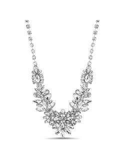 Silver-Tone Flower Cluster Design Bib Statement Rhinestone Necklace For Women