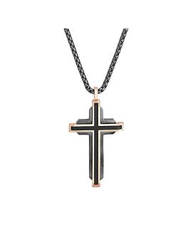 Men's Two-Tone Fancy Cross Necklace on 26" Box Chain in Rose Gold IP and Gunmetal IP Plated Stainless Steel, Rose Gold-Tone/Gunmetal-Tone, 26