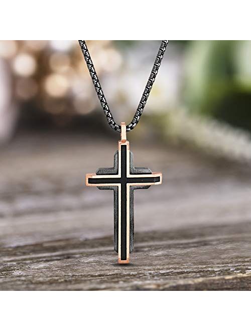 Steve Madden Men's Two-Tone Fancy Cross Necklace on 26" Box Chain in Rose Gold IP and Gunmetal IP Plated Stainless Steel, Rose Gold-Tone/Gunmetal-Tone, 26