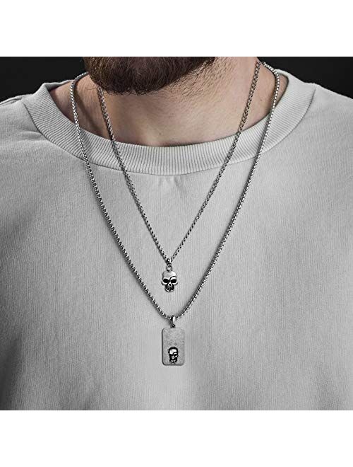 Steve Madden Men's Oxidized Skull Head and Dogtag Pendant Double Strand Chain Necklace Set in Stainless Steel, Silver, 28