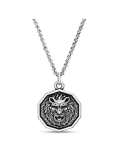 Steve Madden Men's Oxidized Lion Head Coin Pendant Chain Necklace in Stainless Steel, Silver, 28
