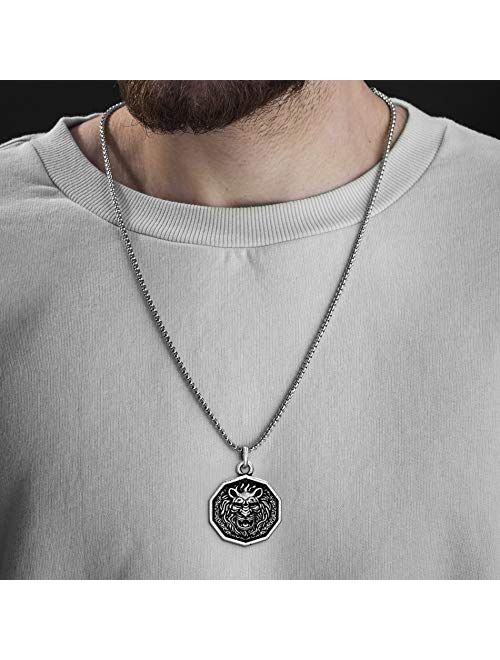 Steve Madden Men's Oxidized Lion Head Coin Pendant Chain Necklace in Stainless Steel, Silver, 28