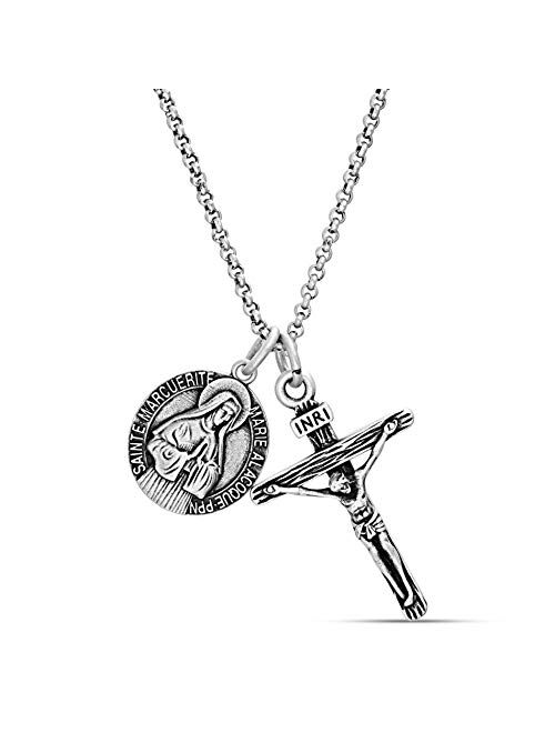 Steve Madden Men's Oxidized Saint Medallion Design and Crucifix Double Pendant Chain Necklace in Stainless Steel, Silver, 28