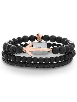 8 inch Rose Gold IP Stainless Steel Anchor Design Black Lava Stone Beaded Trio Bracelet Set For Men, One Size (SMBS598824TQ-LS)