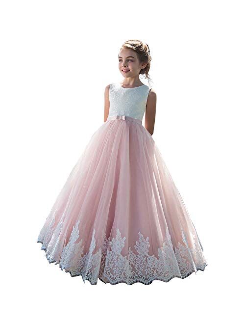 Abaowedding Fancy Lace Embroidery Flower Girl Dress Floor Length Tulle Pageant Ball Gowns