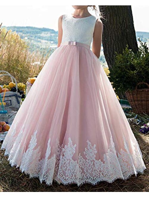 Abaowedding Fancy Lace Embroidery Flower Girl Dress Floor Length Tulle Pageant Ball Gowns