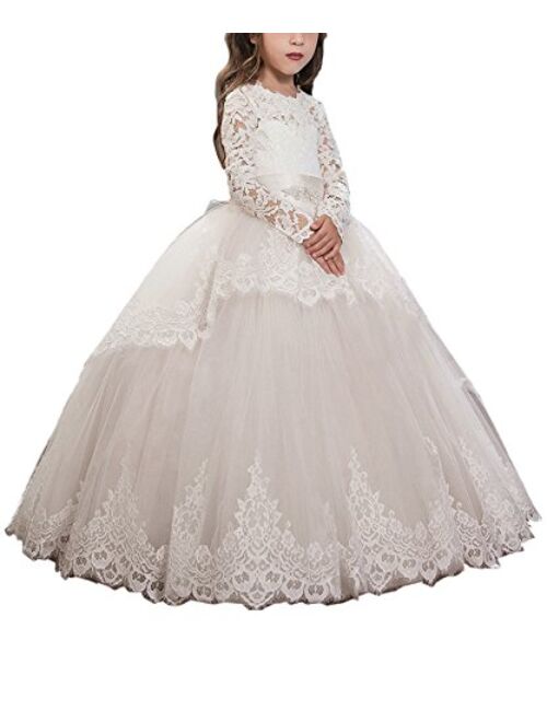 Abaowedding Lace Long Sleeves Tulle Ball Gown Pageant Flower Girl First Communion Dresses