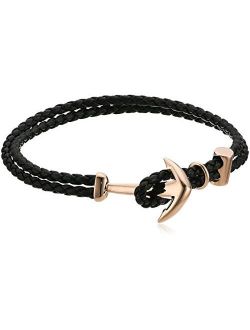 Woven Leather 7.25 Inch Anchor Hook Bracelet for Men in Stainless Steel