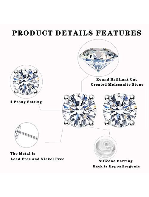 Moissanite Stud Earrings, 0.6ct-2ct DF Color Brilliant Round Cut Lab Created Diamond Earrings 18K White Gold Plated Brass Friction Back for Women Men