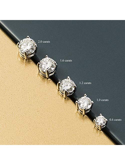 Moissanite Stud Earrings, 0.6ct-2ct DF Color Brilliant Round Cut Lab Created Diamond Earrings 18K White Gold Plated Brass Friction Back for Women Men