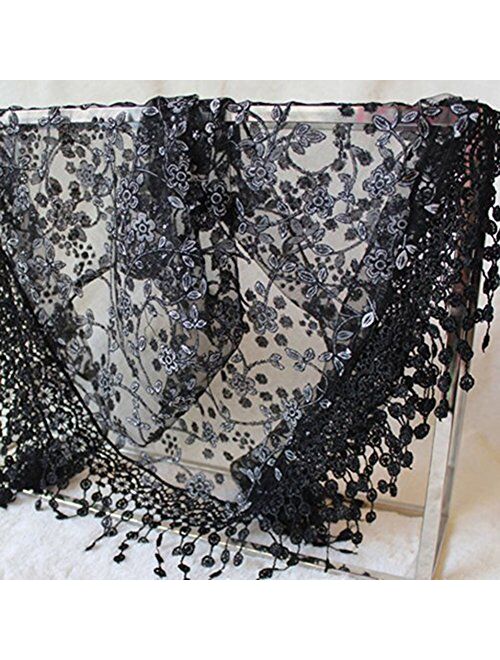 Gilroy Women Hollow Tassel Lace Floral Knit Triangle Mantilla Scarf Shawl