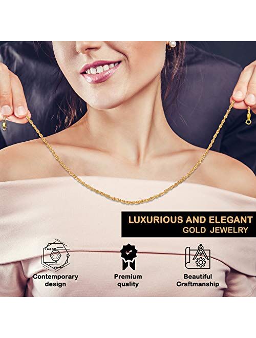 10K Gold Rope Chain Necklace, 10K Gold Chains for Women and Men, 1.7 MM Real 10K Diamond Cut Gold Rope Chain, Lobster Clasp, 10k Gold Rope Necklace for Men and Women, Fla