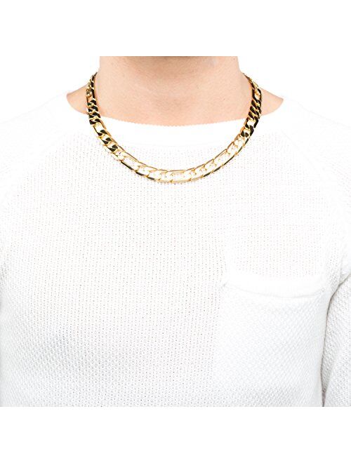Lifetime Jewelry 11mm Figaro Chain Necklace 24k Gold Plated for Men Women & Teen
