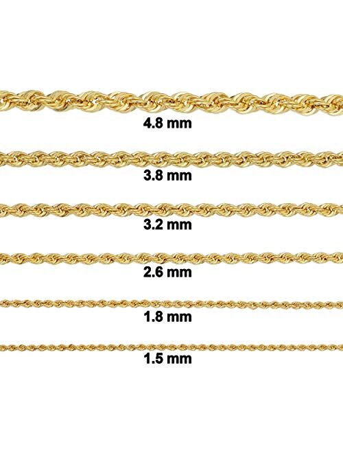 KoolJewelry Men Women 10k Yellow Gold 1.5MM 1.8MM 2.6MM 3.2MM 3.8MM 4.8MM Rope Chain Necklace 16-30 Inch