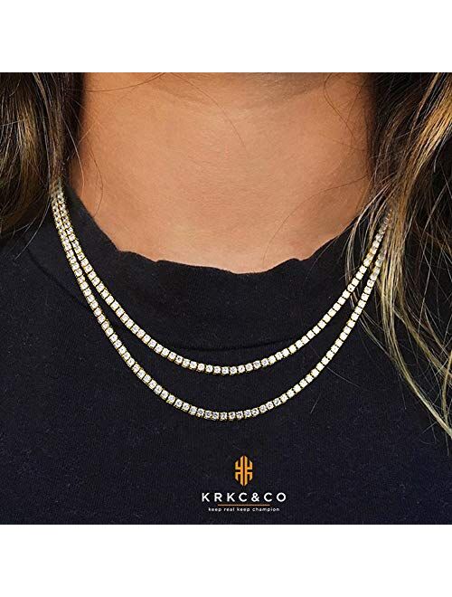 KRKC&CO Tennis Chain for Men, 14k Gold Chain for Men, Iced Out Chains Prong-Setting 5A Cubic Zirconia Stones Tennis Necklace, Hip Hop Jewelry for Rappers 3mm 4mm 5mm 6mm,