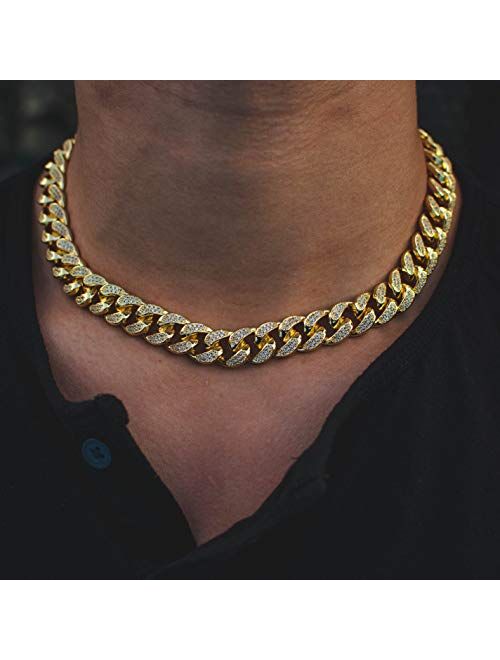 TRIPOD JEWELRY Hip Hop 12mm 10mm White Gold, Rose Gold, 18K Gold Plated Iced Out Miami Cuban Link Chain or Bracelet Diamond Iced Out CZ Cuban Link Choker for Mens Gold Ch