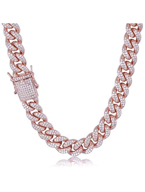 TRIPOD JEWELRY Hip Hop 12mm 10mm White Gold, Rose Gold, 18K Gold Plated Iced Out Miami Cuban Link Chain or Bracelet Diamond Iced Out CZ Cuban Link Choker for Mens Gold Ch