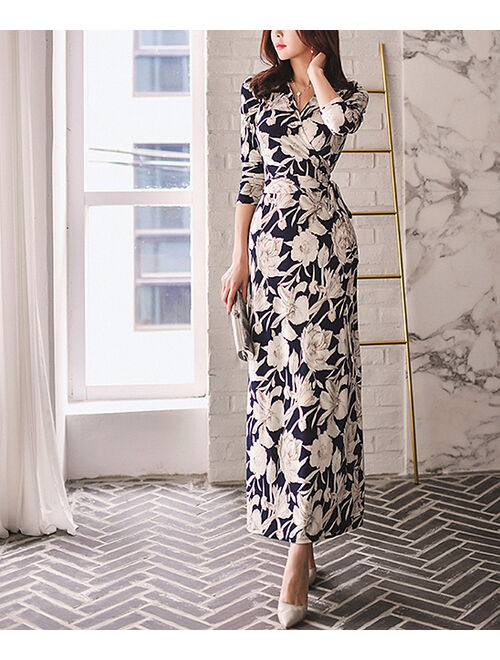 Navy & Tan Floral Surplice Tie-Waist High-Slit Maxi Dress - Women