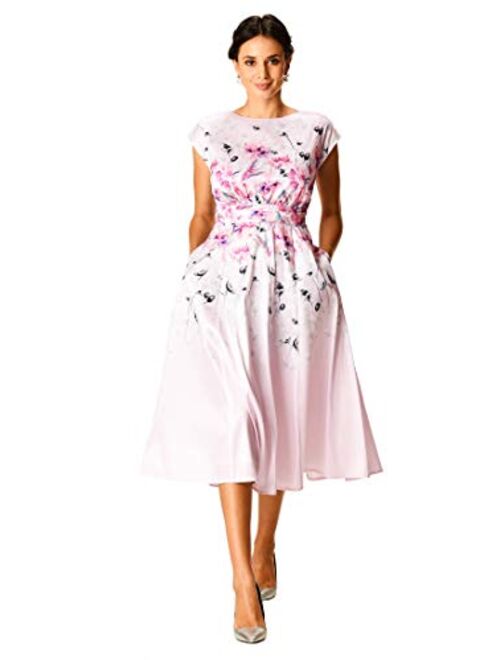eShakti FX Floral Print Dupioni Pleated Empire Dress - Customizable Neckline, Sleeve