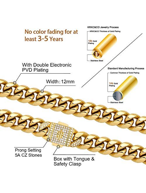 KRKC&CO 18mm/12mm Iced Cuban Link Chain, 18k Gold Necklace for Men, Durable and Anti-Tarnish Urban Street-wear, Never Fading, Everlasting Shine Hip Hop Mens Jewelry