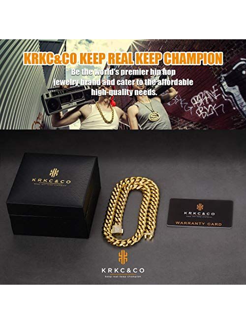 KRKC&CO 18mm/12mm Iced Cuban Link Chain, 18k Gold Necklace for Men, Durable and Anti-Tarnish Urban Street-wear, Never Fading, Everlasting Shine Hip Hop Mens Jewelry