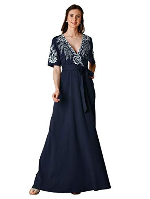 eShakti FX Floral Embroidery Cotton Jersey Knit Surplice Dress- Customizable Neckline