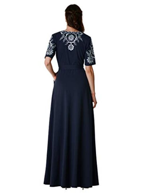 eShakti FX Floral Embroidery Cotton Jersey Knit Surplice Dress- Customizable Neckline