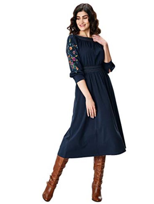 eShakti FX Floral Embroidered Sleeve Ruched Cotton Jersey Dress