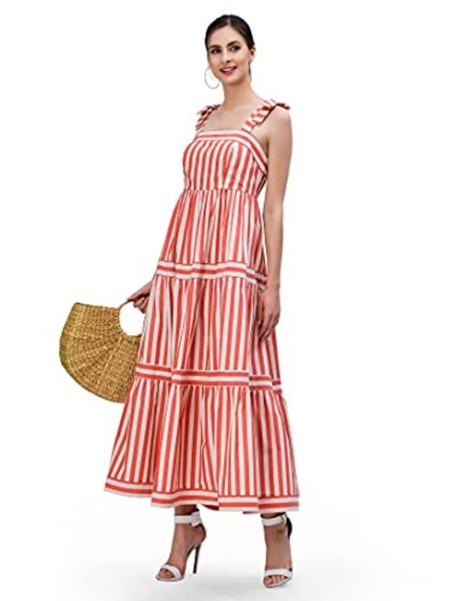eShakti Women's Shoulder Ties Stripe Cotton Tiered Maxi Dress