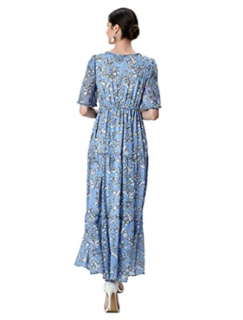 eShakti Women's Floral Print Georgette Drawstring Empire Maxi Dress