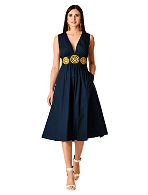 eShakti FX Wool Embellished Waist Plunge Stretch poplin Dress- Customizable